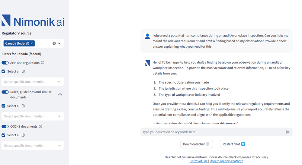 User interacting with Nimonik’s AI-powered chatbot to ask a regulatory compliance question.