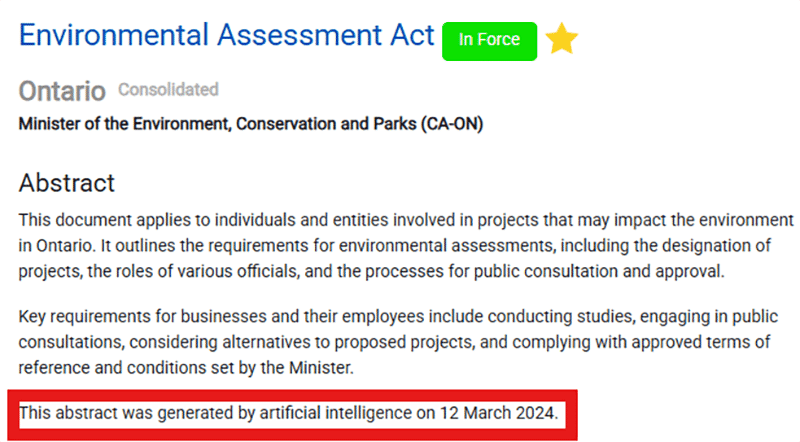AI-generated summaries of regulatory documents within the Nimonik platform, highlighting key compliance obligations.