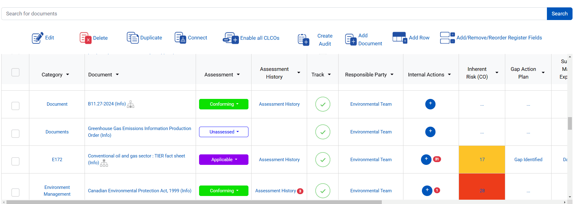 Screenshot of a customized legal register in the Nimonik platform displaying regulatory obligations and internal compliance requirements.