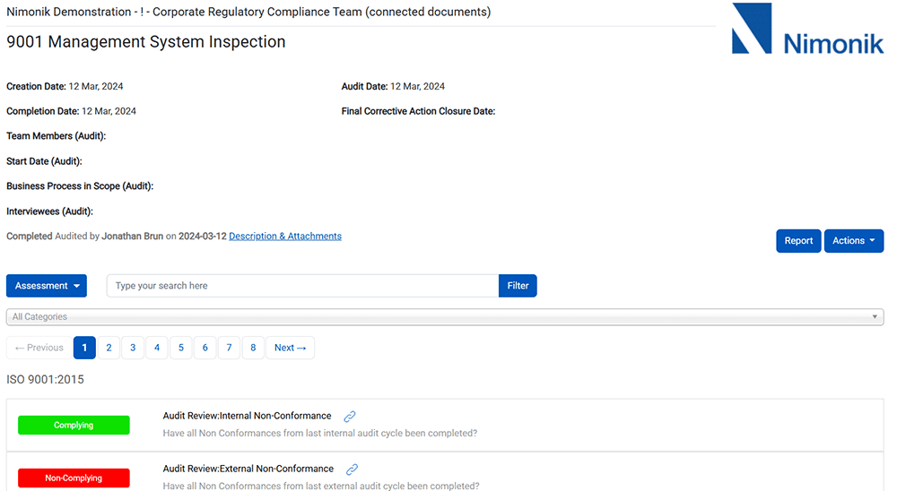 Screenshot of Nimonik’s platform converting a legal register into an audit checklist, with compliance obligations organized for assessment.