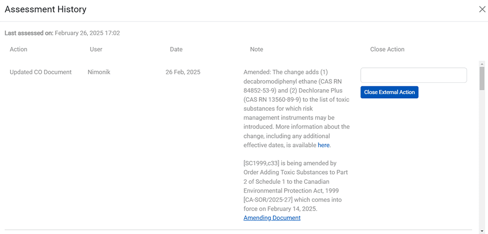 Screenshot of Nimonik’s Legal Register showing recent updates and amendments with detailed summaries and redline comparisons.